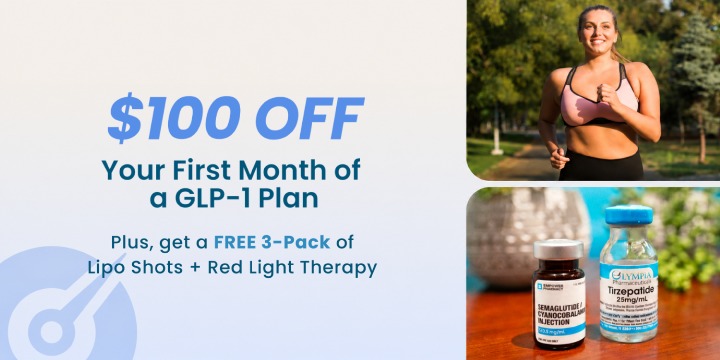GLP-1 $100 off 1st Month + FREE 3-Pack of Lipo Shots & Red Light Therapy offer image
