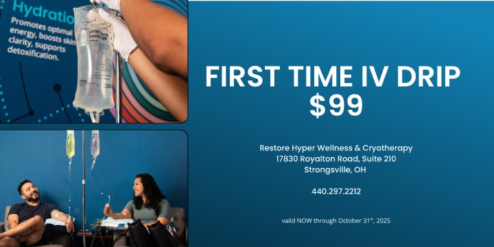 First Time IV Drip for $99 Now through October 31st, 2025 For all first-time IV drip clients, your first IV drip at Restore is just $99 (max 2 signature nutrients) Rehydrate, recharge, and Restore your wellness-one drip at a time.  offer image